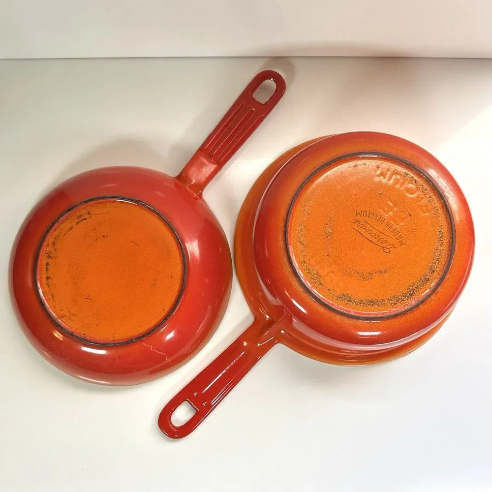 Vintage Descoware Enameled Cast Iron Flame-Orange Saucepan And Skillet-Lid Combo